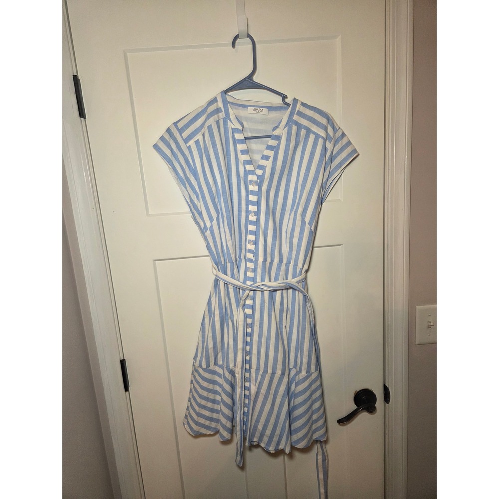 Avara Blue White Striped Sleeveless Button Down Ruffle Hem Belted Dress Large